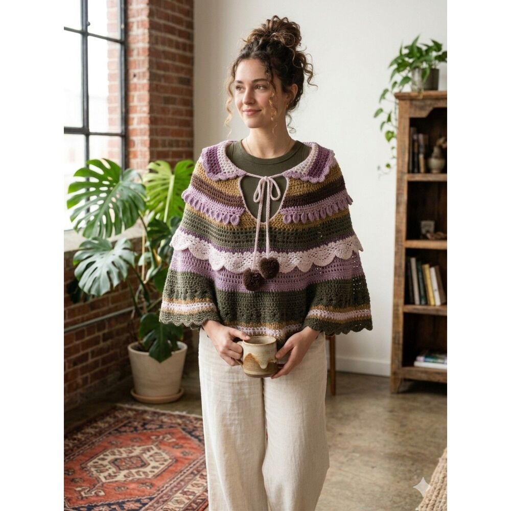 Vintage Boho Crochet Poncho Capelet Striped Knit Shawl with Pom Poms Festival OS